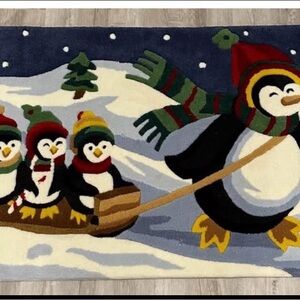 Penguin Family Holiday Rug - Navy, Black, White, Red, Green